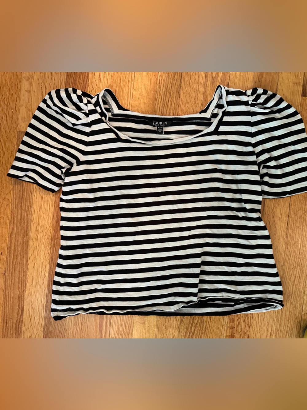 Lauren by Ralph Lauren Black and White Striped Puff-Sleeve Top monochrome